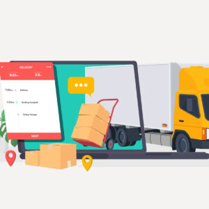 Online delivery service and tracking app concept, online yellow Online delivery service and tracking app concept, online yellow delivery, Delivery home and office. Warehouse, truck, forklift, on laptop. Vector illustration